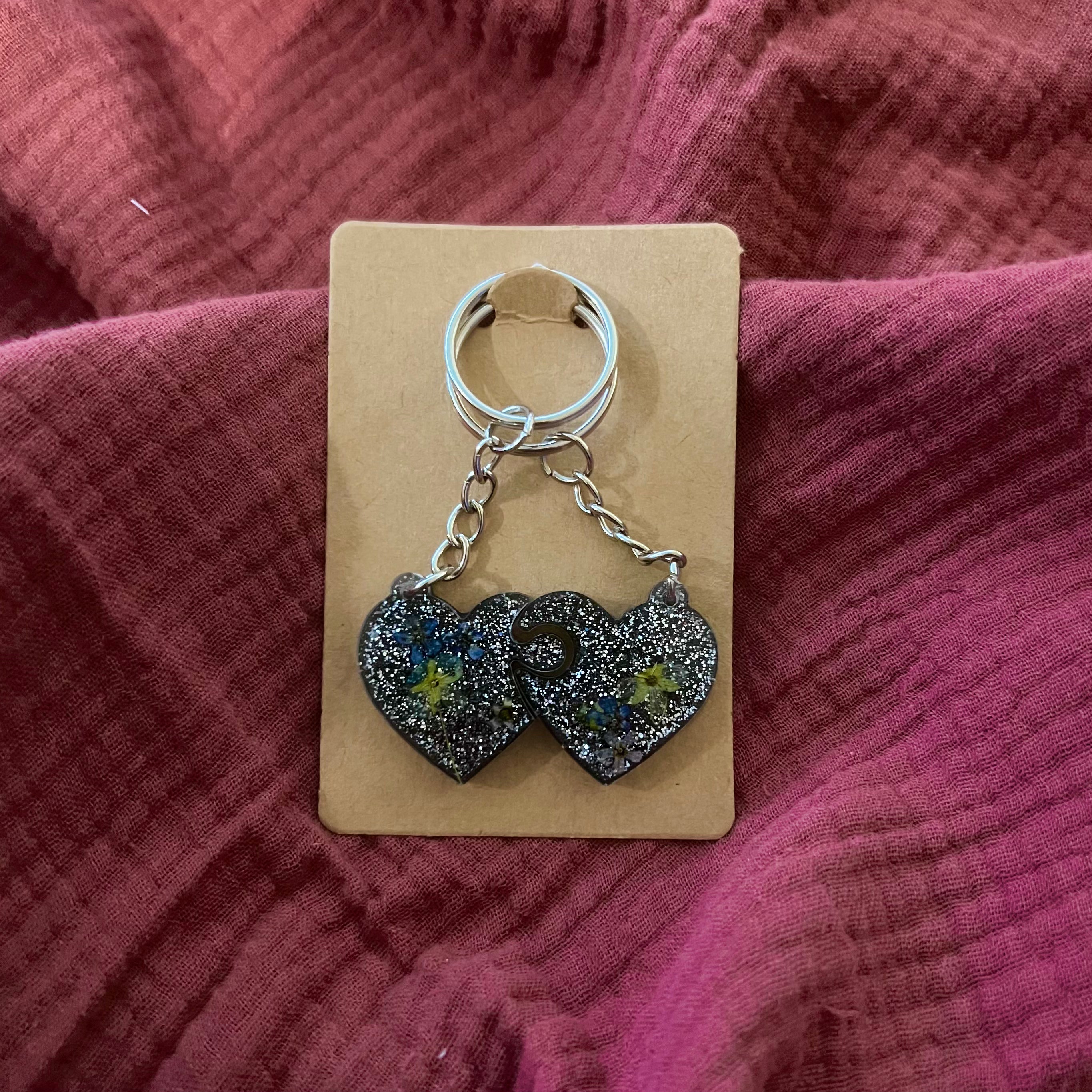 Partner Schlüsselanhänger Schwarz Glitzer mit Blumen (Silber) - LHS